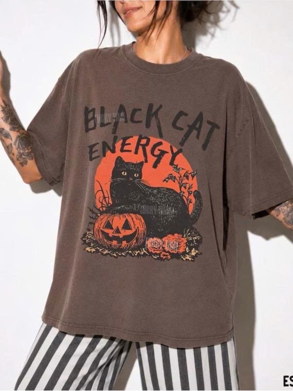 Black Cat Energy Graphic Pet Tee - Brown with Orange Print